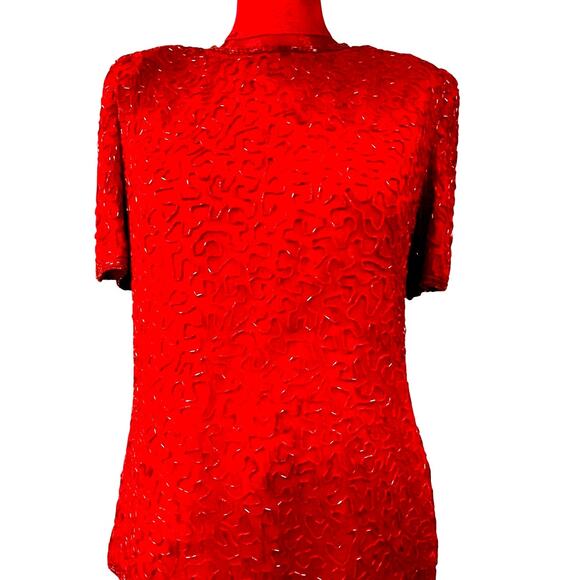 Vintage Laurence Kazar red silk top with beaded design Size S short sleeves - Picture 1 of 13